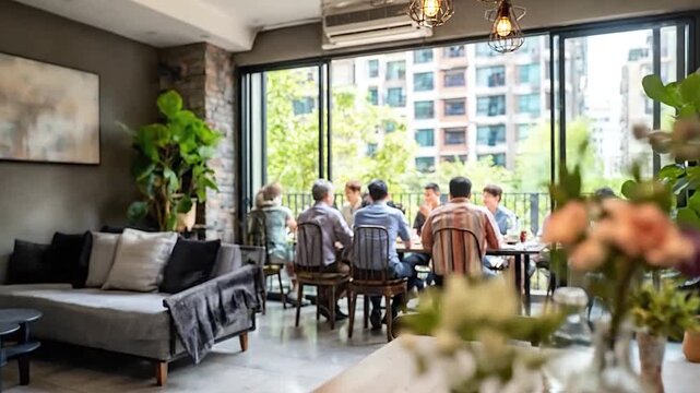 A beautifully set wooden table in a cozy cafe with people dining in