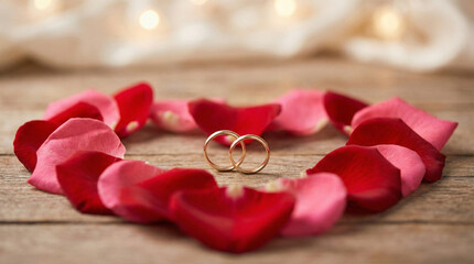 Two gold wedding rings surrounded by red rose petals forming a heart.