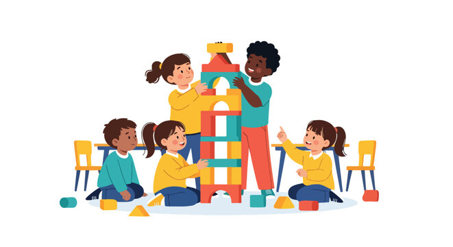 Modern flat vector illustration of kids building block tower together on classroom floor representing teamwork, motor skills and playful educational activity