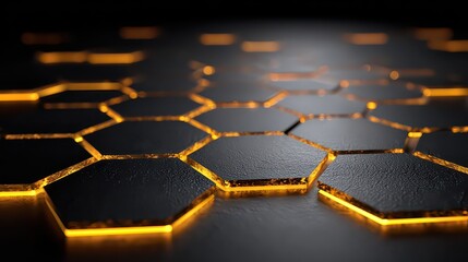 Obraz premium Abstract Dark Gray Hexagonal Pattern with Glowing Orange Edges in Perspective Depth