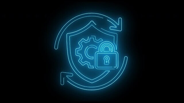 Neon blue line art of a shield with a gear and lock on a black background with circular arrows.