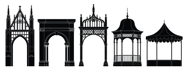 Architectural Arch and Gazebo Silhouettes Set, featuring gothic and classical archways, outdoor pavilion and tent structures, solid black style illustrations, historic and decorative building elements © WelcomeJune