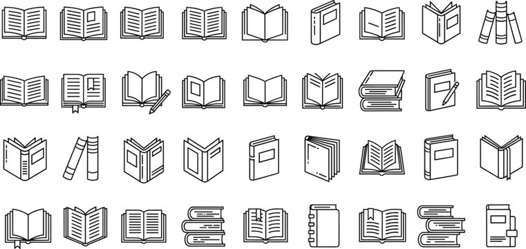Open and closed book line icon set isolated on white background, education library outline vector collection