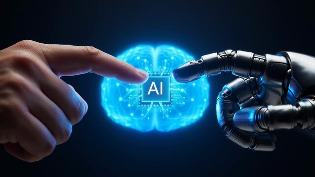 Futuristic Artificial Intelligence Brain Connection Showing Human and Robotic Hands Interacting
