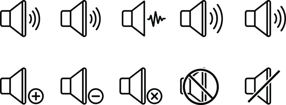 Speaker volume control line icon set with sound, mute, increase and decrease audio symbols