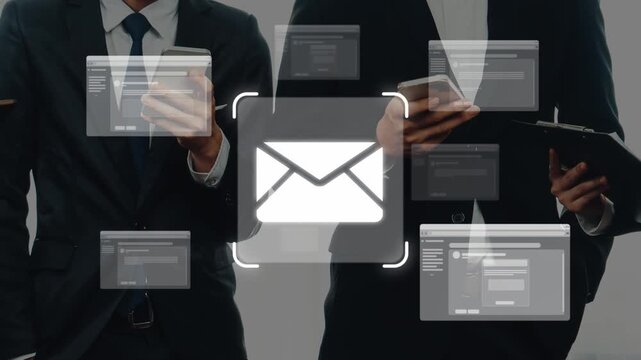 Group of business professionals engaged in digital communication while holding mobile devices, with a visual representation of email interface in the background. Raster