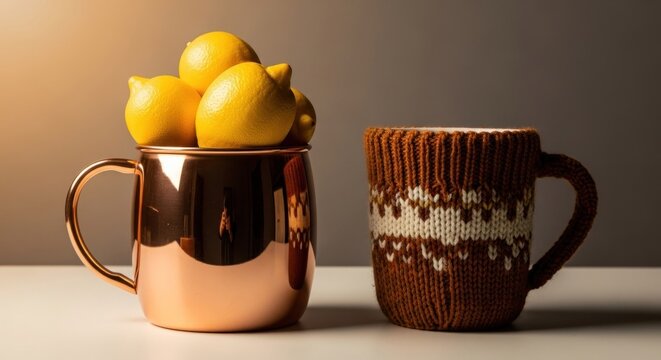 Two mugs one copper filled with lemons, the other in a cozy knit sleeve
