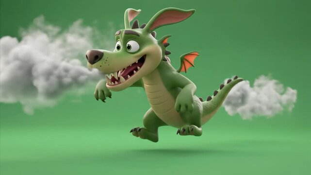 Cute cartoon dragon character running and breathing smoke, 3D animation