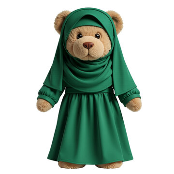 Charming teddy bear adorned in traditional emerald green Islamic attire