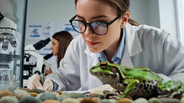 Young scientist studying green frog in a laboratory setting