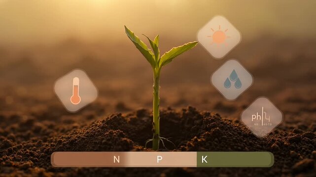 Young Green Plant Seedling Growing in Fertile Soil Under Sunlight with Moisture and Ph Balance Icons