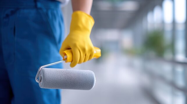 Person wearing yellow gloves painting with a roller on smooth surface