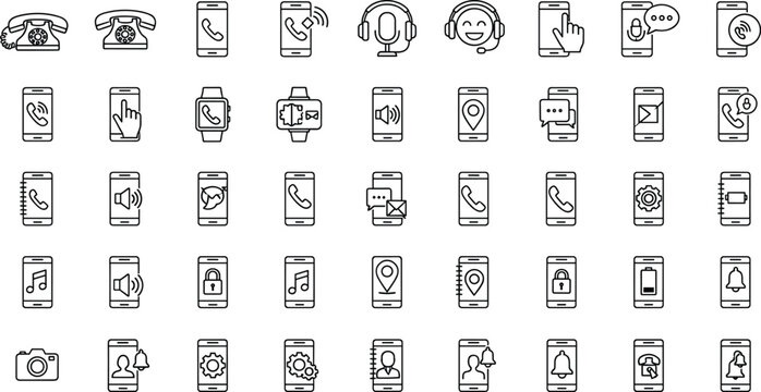 Mobile phone and communication line icon set with call, chat, music and application symbols