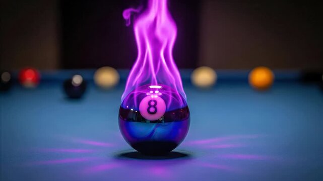 Fiery 8 Ball on Pool Table with Purple Flames and Smoke, Game Concept