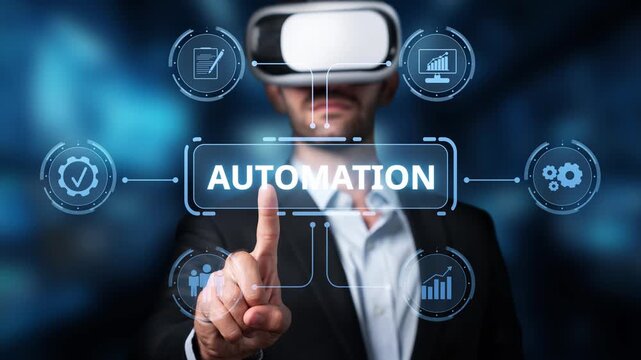 A business professional interacts with virtual reality technology featuring automation solutions and data visualization in a modern office setting. Raster