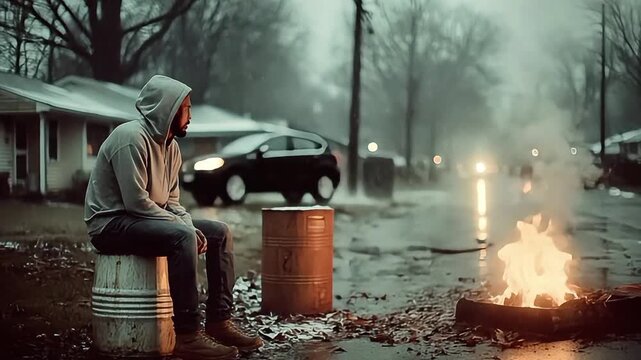 A somber image depicting a man in a hoodie sitting alone on a rainy street, evoking feelings of loneliness and contemplation. Useful for illustrating 