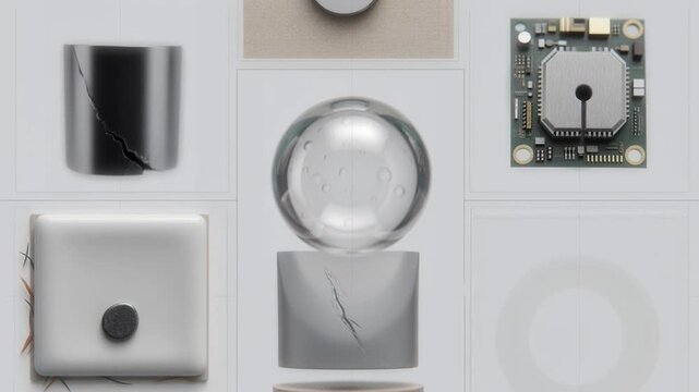 A diverse collection of various mechanical and electronic components arranged in a grid