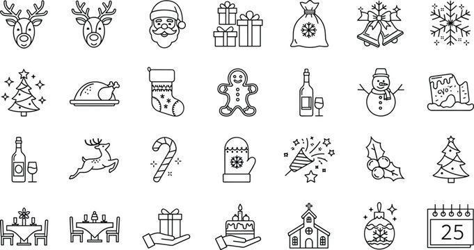Christmas holiday line icon set with Santa, reindeer, gifts, snowman and festive celebration symbols