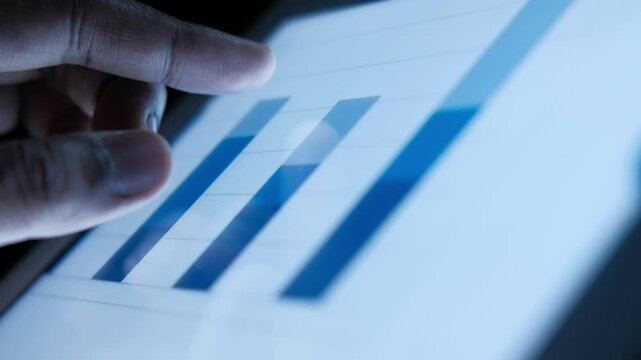 Person using tablet with financial data at night while analyzing blue digital bar charts and business graphs