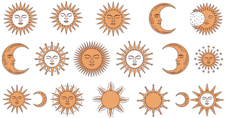 Boho Ethnic Celestial Sun and Moon Icons, mystical cosmic vector set featuring sleeping faces, astrology and magic symbols, celestial elements, moon phases, sun designs, isolated illustrations  © WelcomeJune