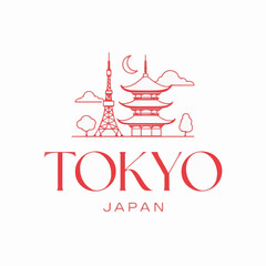 Tokyo Japan Landmark Illustration Iconic Tower and Pagoda Scene with Clouds and Trees