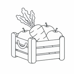 Vector outline illustration of a rustic wooden crate filled with fresh produce, including apples and a carrot, symbolizing healthy eating and farm-to-table freshness