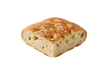 Focaccia bread, a typical Ligurian treat from Genoa - made with sourdough and olive oil - features a square slice set against a white background, clipping path included.
