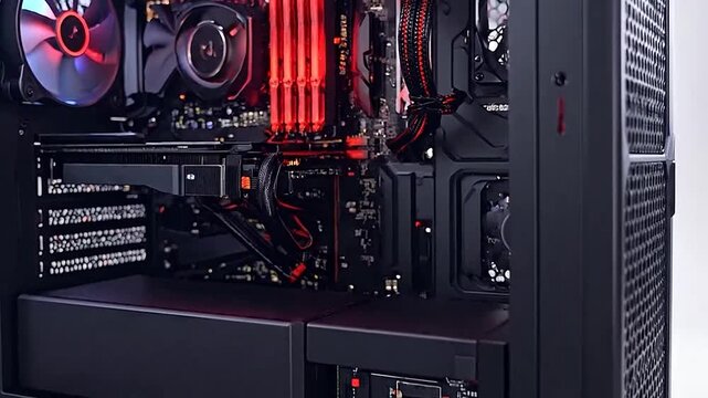 Modern desktop computer tower with illuminated internal components