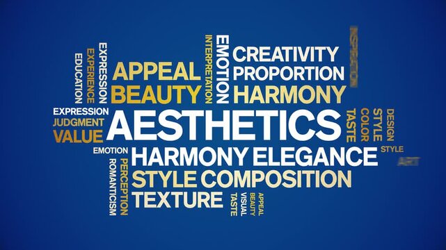 Aesthetics animated word cloud-text design animation tag kinetic typography seamless loop.