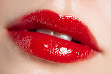 Extreme close up of glossy vibrant red lips with visible texture and subtle shine lipstick makeup