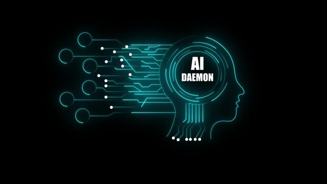 Futuristic Digital Concept Featuring AI DAEMON Text Over Glowing Circuit Board Neural Network Pattern Inside Human Head Silhouette Background Design