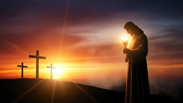 Jesus holding communion cup with crosses at sunset