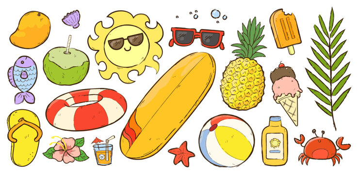 Set de ilustraciones decorativas dibujadas a mano de verano. Vector