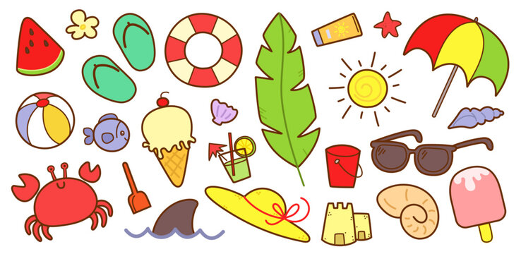 Set de lindas ilustraciones decorativas dibujadas a mano de elementos veraniegos. Vector