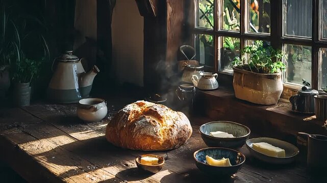 A cozy and inviting scene depicts freshly baked bread and butter, radiating warmth and a sense of simple pleasure. Perfect for illustrating themes of 