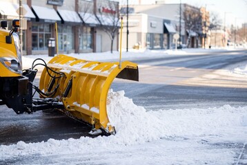 Modern yellow snow plow blade pushing pile of white snow on commercial street