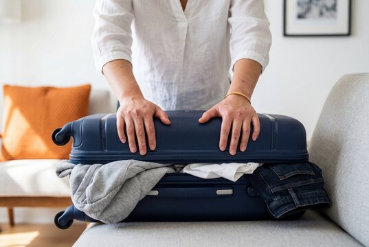 Woman pressing down on an overpacked blue suitcase