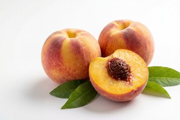 Two whole peaches and a cut half with green leaves on a white background