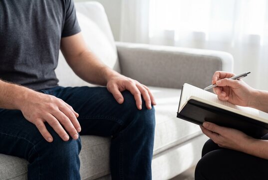 Therapist writing notes while male patient sits quietly on sofa