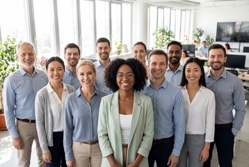 Obraz premium Large multiethnic team of professional colleagues standing together in bright modern office