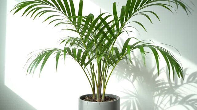 Green Areca Palm Plant in Pot with Sunlight and Shadows on White Wall.