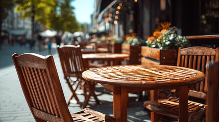 Obraz premium street cafe with nobody wooden tables and patio seating on quiet city street restaurant exterior design summer travel and tourism business concept