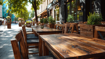 Fototapeta premium street cafe with nobody wooden tables and patio seating on quiet city street restaurant exterior design summer travel and tourism business concept