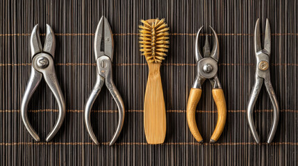 Japanese bonsai tools arranged neatly on bamboo mat include pruning shears wire cutter and wooden brush creating harmonious and organized workspace for plant care