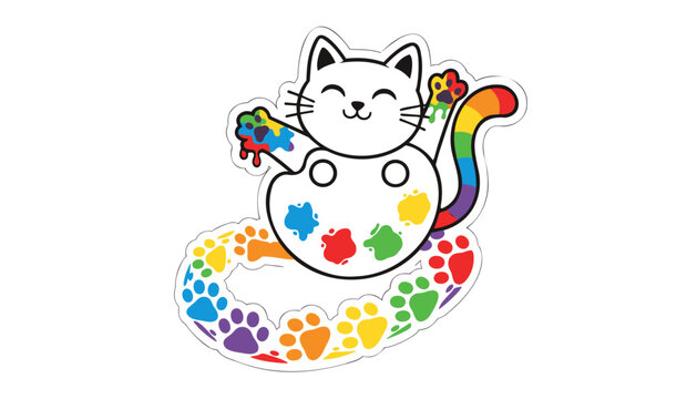 Cheerful Artist Cat holding paint palette with colorful paw prints and rainbow tail expressing creativity and hobby art in a vibrant cartoon flat design as an isolated vector illustration