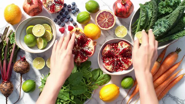 Vibrant, artfully arranged fresh fruits & vegetables (pomegranate, berries, citrus, kale, beets) on white marble with elegant hands, soft natural light, healthy living concept
