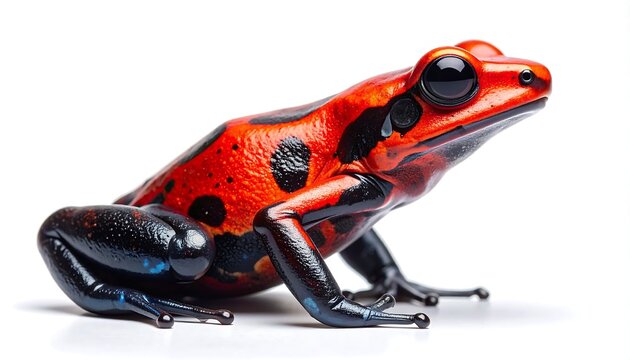 Red and black poison frog side profile, isolated on pure white background. 