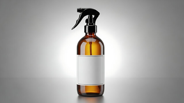 Amber glass spray bottle with blank white label liquid