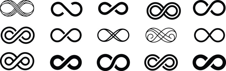Collection of black and white infinity symbols in various styles and orientations line symbol sign © MAMUN