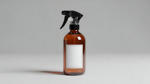 Amber glass spray bottle with white label liquid